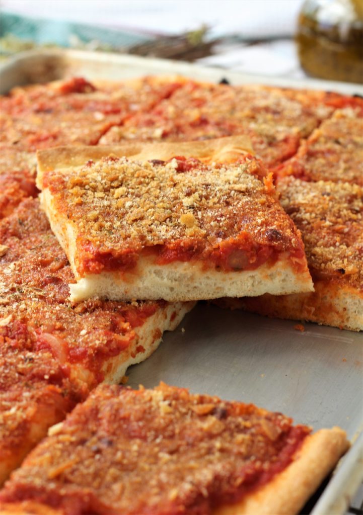 Sfincione (Sicilian New Years Pizza with Bread Crumbs, Onions, and